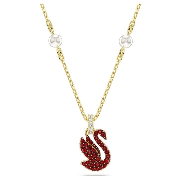🔹️SWAROVSKI  🔹️Crystal pearl, Red Swan  Gold-tone plated Necklace - Picture 1 of 10